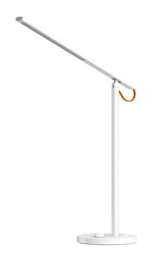 Biała lampa biurkowa z prostokątną głowicą świetlną, pionowym słupkiem i okrągłą podstawą. Ma pomarańczowy uchwyt.