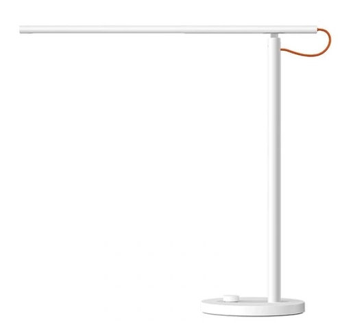 Biała lampa biurkowa z długim, poziomym paskiem świetlnym. Ma pionowy słupek i okrągłą podstawę z pokrętłem.
