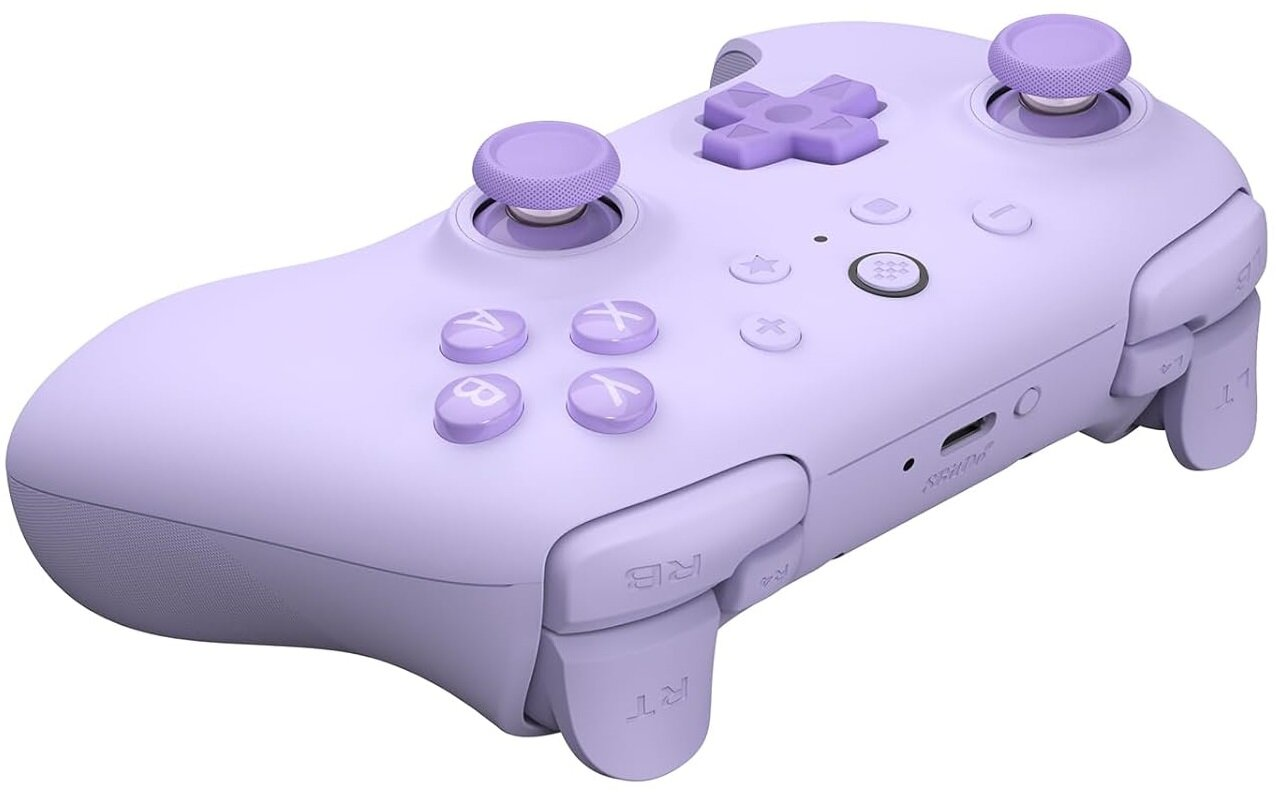 Fioletowy kontroler z portem USB. Kontroler ma białe, fioletowe i czarne przyciski i drążki.
