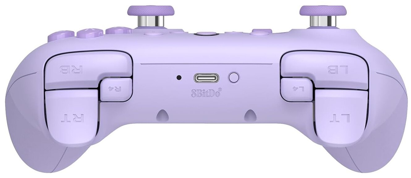 Lawendowy kontroler do gier, przyciski oznaczone. RB, RT, LB, LT. Port USB pośrodku.