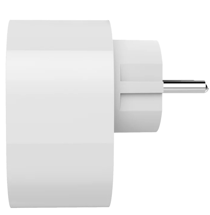 Biały adapter wtyczki. Wtyczka ma cylindryczny korpus i dwupinową wtyczkę.