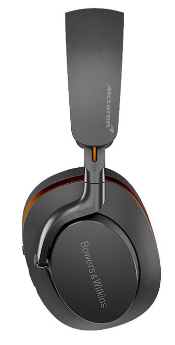 Czarne i szare słuchawki, widok z boku. Logo McLaren. Czarne tło.