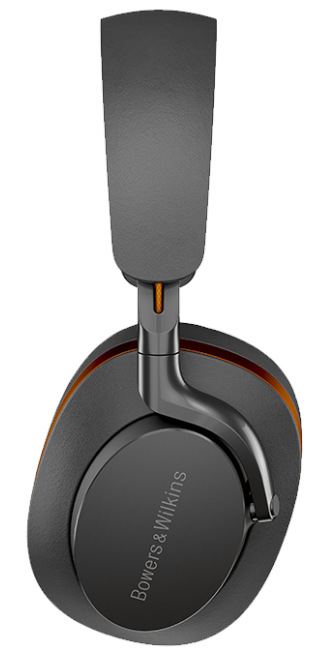 Czarne i szare słuchawki, widok z boku. Logo Bowers & Wilkins. Czarne tło.