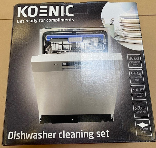 Pudełko zestawu do czyszczenia zmywarki, ze zdjęciem zmywarki. Tekst zawiera 'KOENIC' i szczegóły produktów czyszczących.