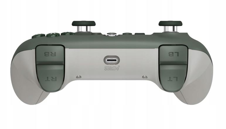 Spód szarego i zielonego kontrolera z portem USB-C. Boki są zielone, a tył szary.