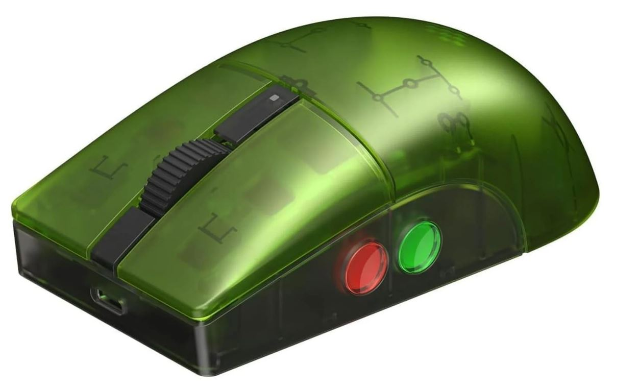 Zielona i czarna mysz komputerowa. Ma kółko przewijania i dwa przyciski z boku. Widoczne czerwone i zielone światła.