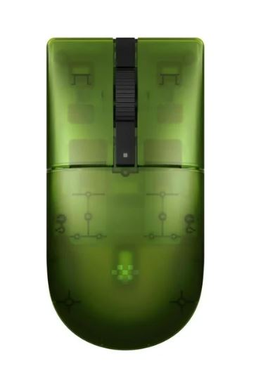 Zielona, przezroczysta mysz komputerowa z czarnym kółkiem przewijania, na białym tle. Widoczne elementy wewnętrzne.