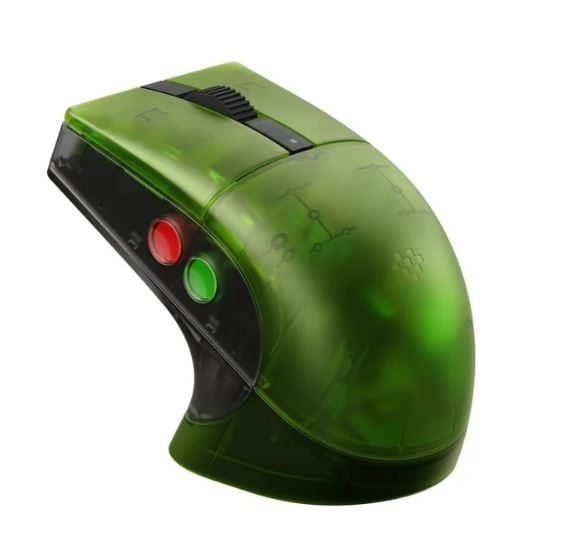 Zielona mysz komputerowa z czarnym kółkiem przewijania. Czerwony i zielony przycisk z boku. Przezroczysty design.