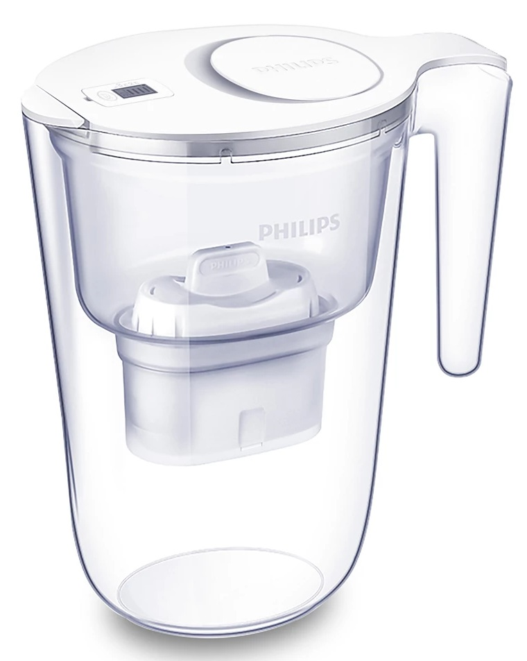 Przezroczysty biały dzbanek filtrujący Philips z uchwytem. Pokazuje filtr w środku. Biała pokrywa.
