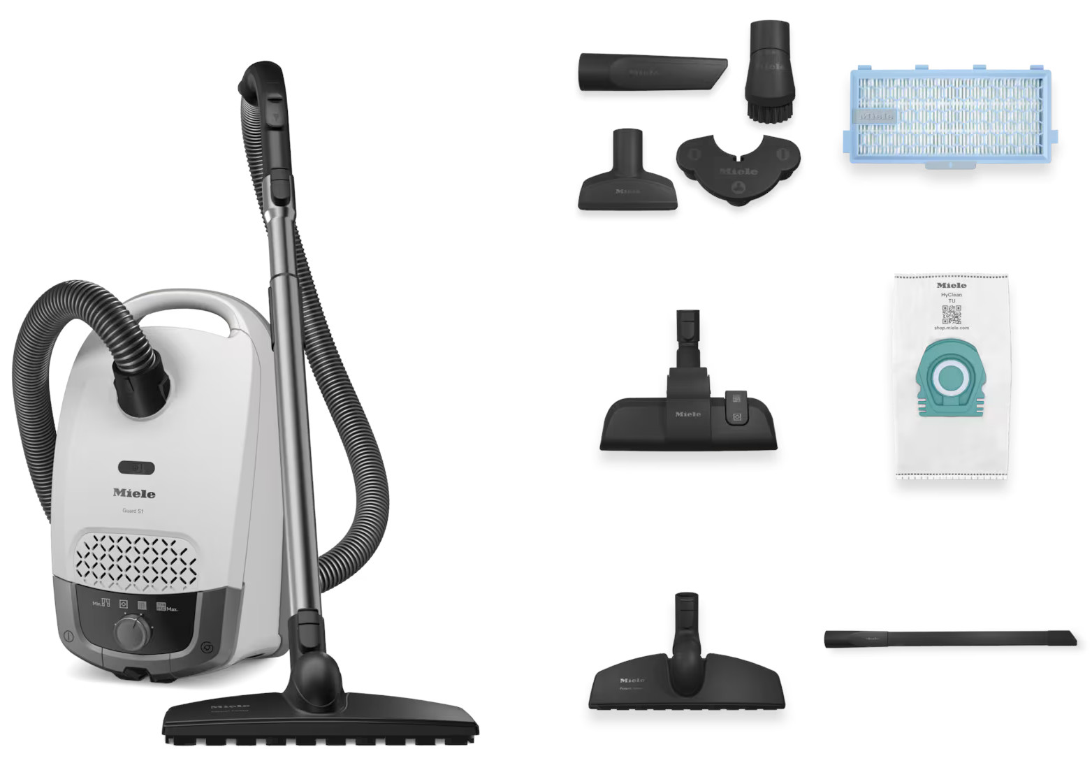 Biały odkurzacz Miele i jego akcesoria. Różne końcówki, filtr i worek na kurz są wyświetlane na białym tle.