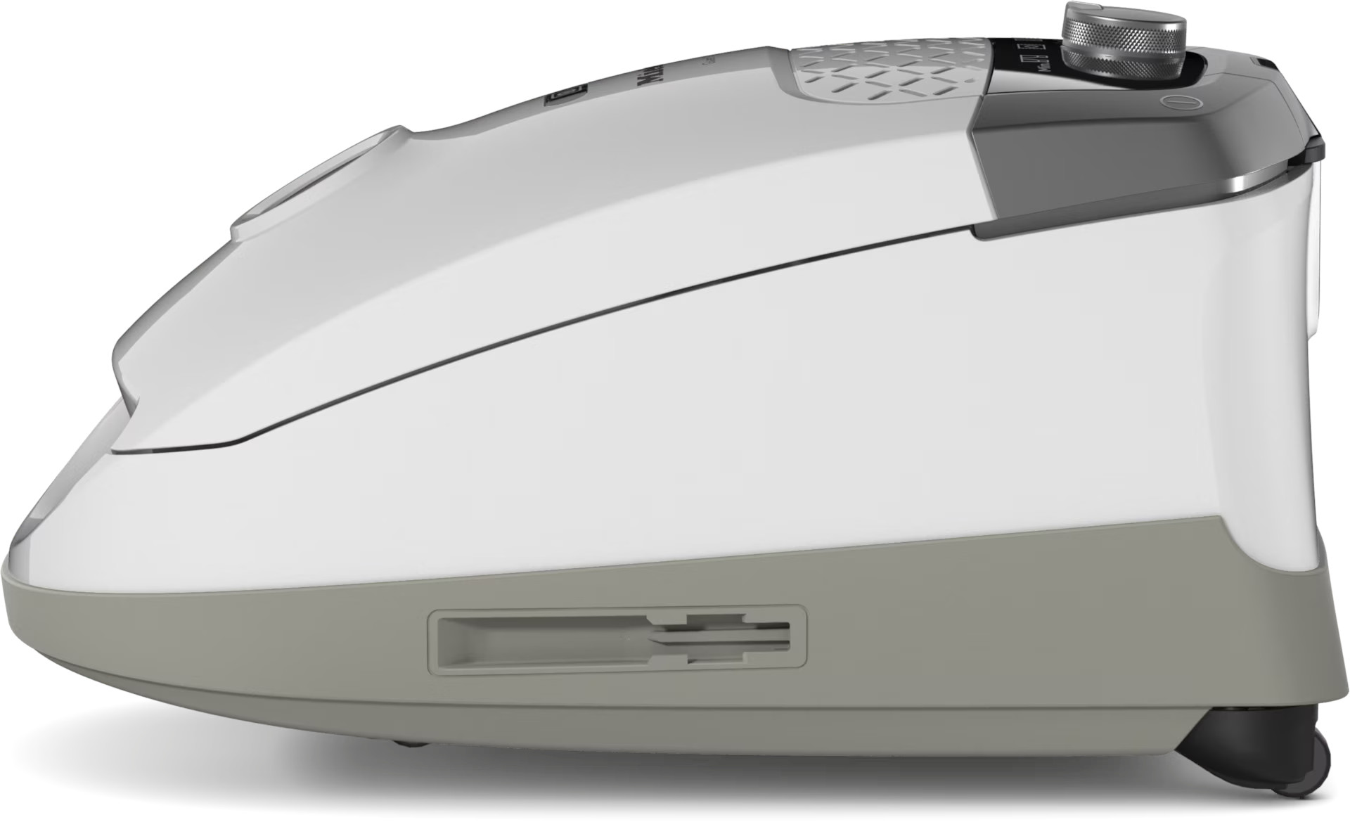 Widok z boku białego i szarego odkurzacza Miele. Konstrukcja pokazuje gładki, zakrzywiony kształt z kołem na dole.