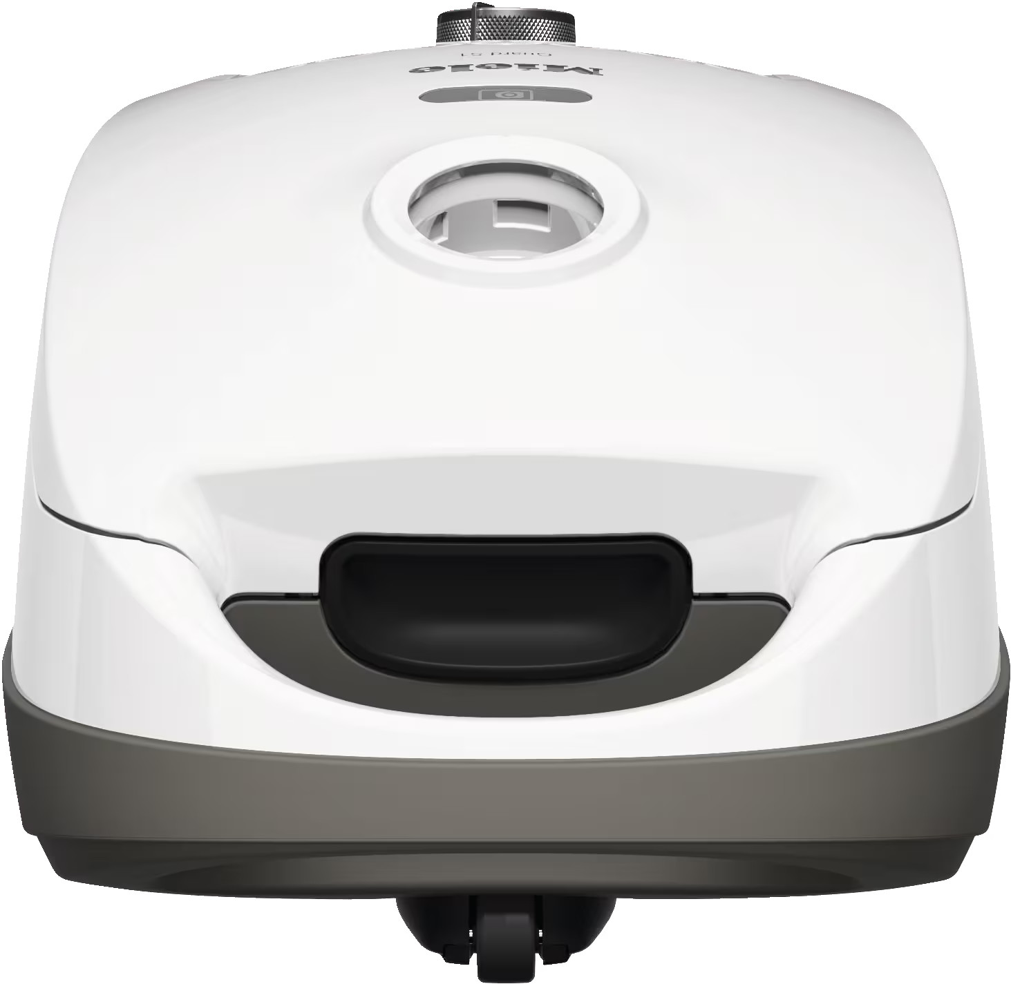 Widok z góry na biały odkurzacz Miele. Ma uchwyt i ciemnoszarą podstawę z kołem. Konstrukcja jest opływowa.
