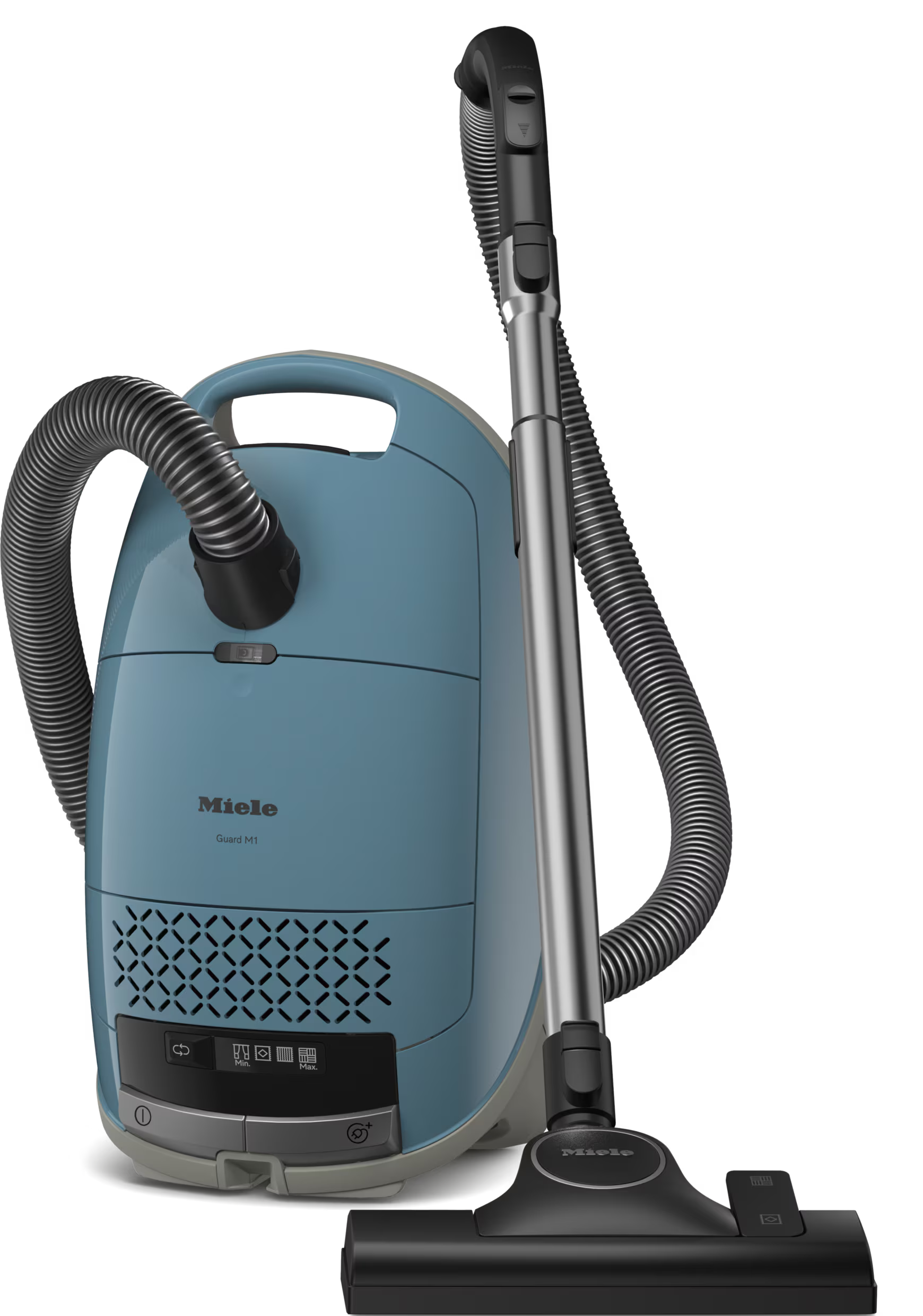 Niebieski odkurzacz Miele. Zawiera wąż, rurę i ssawkę. Czarne tło.