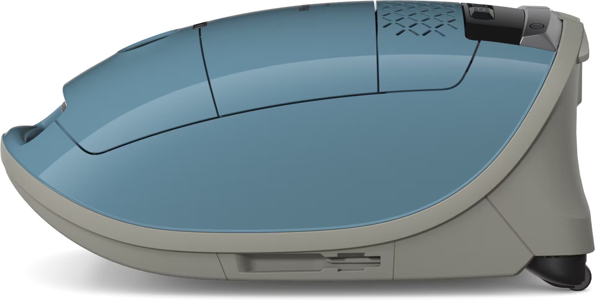 Zbliżenie niebiesko-szarego odkurzacza. Widok z boku, pokazujący górę i bok.