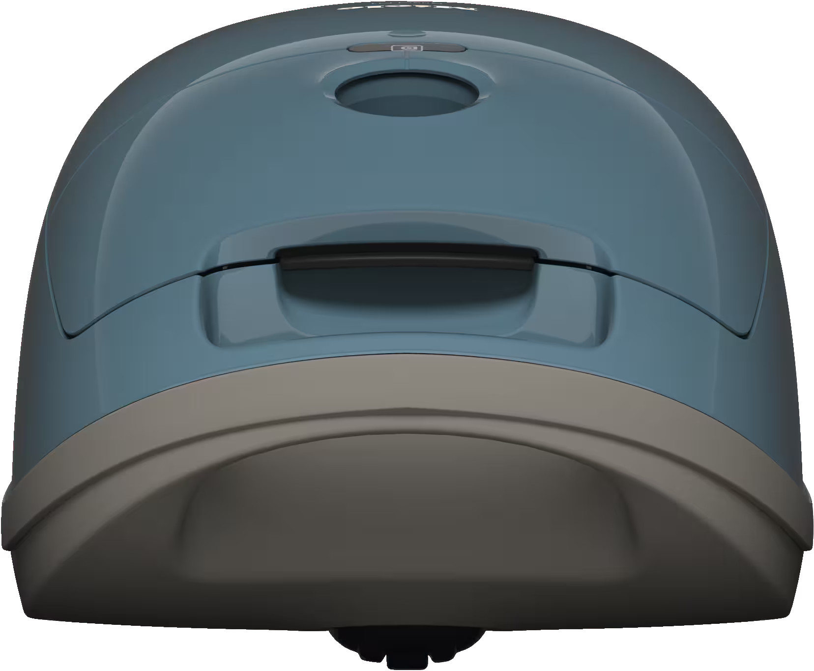 Widok z góry na niebiesko-szary odkurzacz. Pokazuje górną powierzchnię i uchwyt.