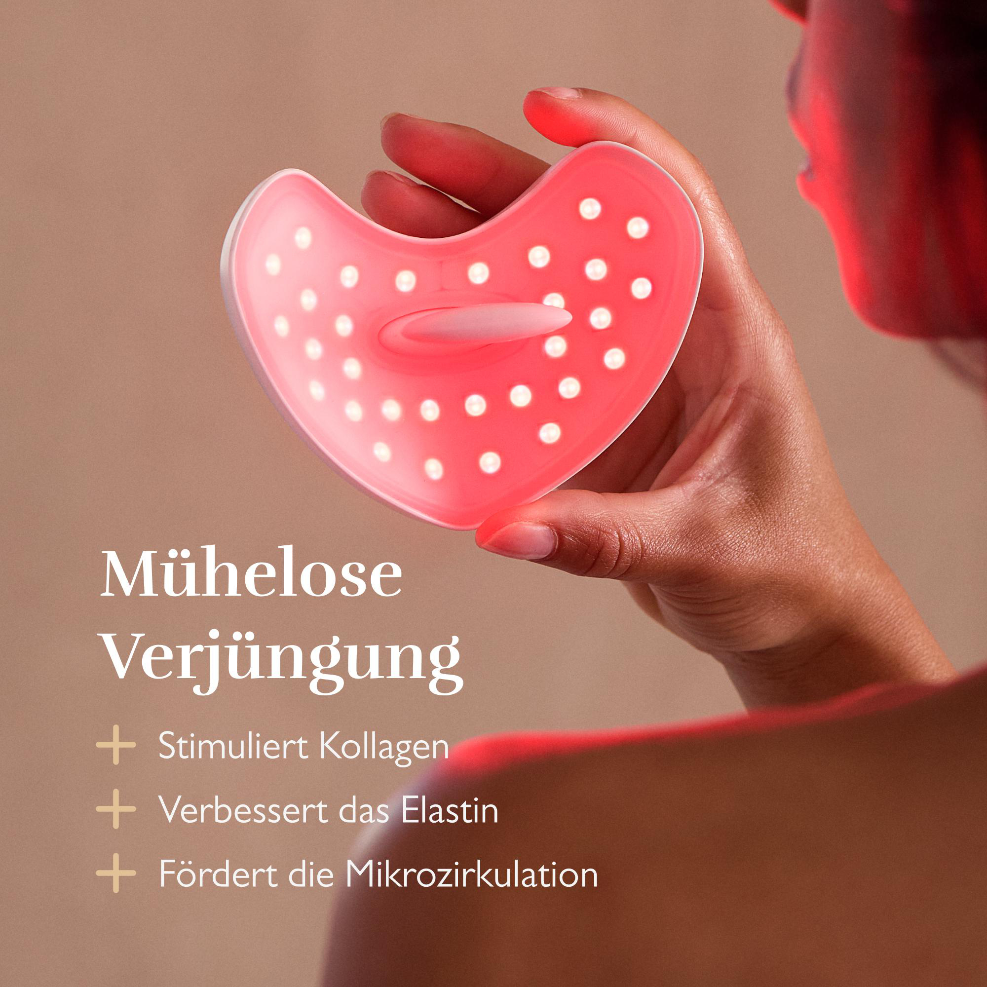 Hand hält rosa herzförmiges Gerät mit weißen Punkten. Text erwähnt Kollagen.