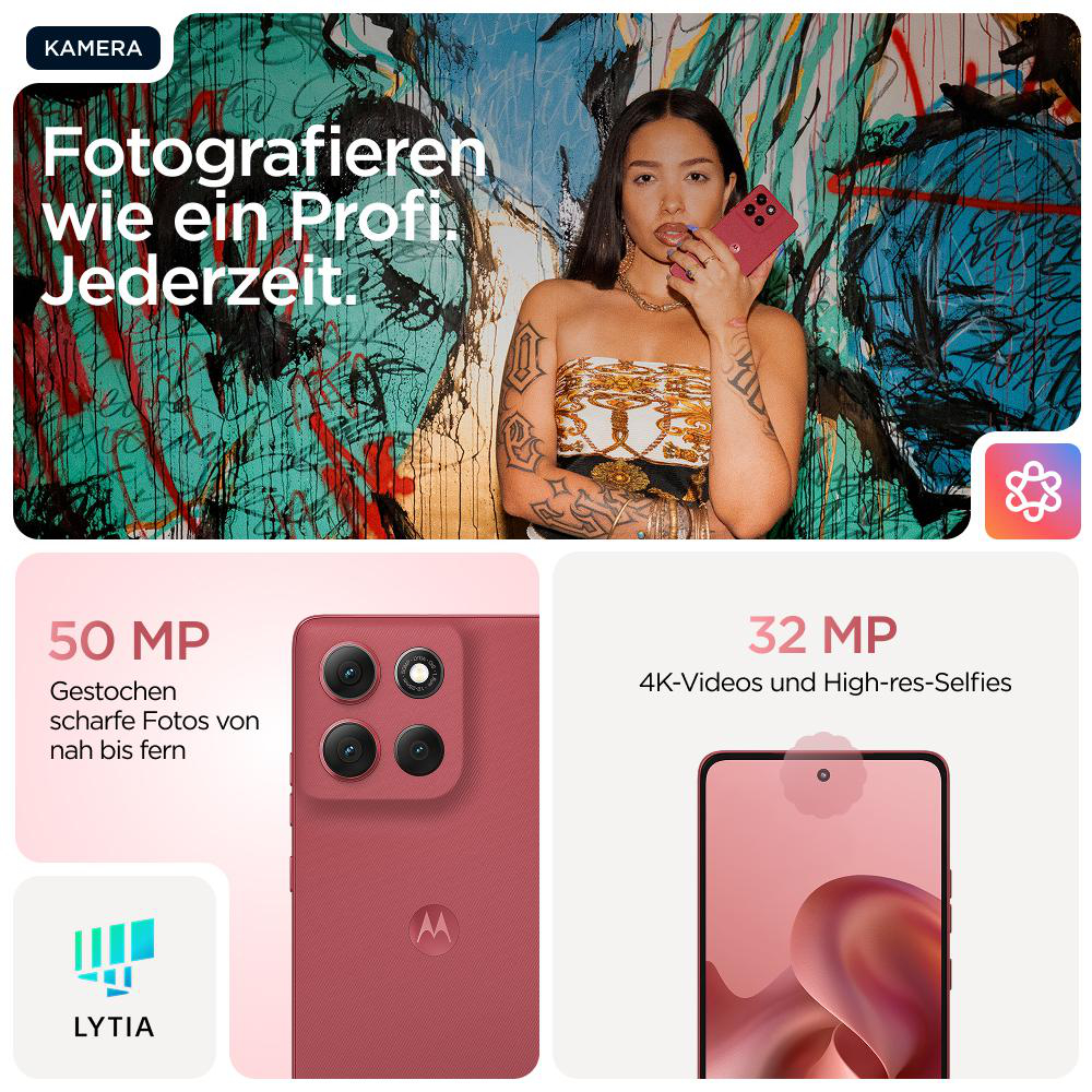 Eine Frau hält ein Telefon. Grafiken zeigen eine 50MP-Kamera, 32MP-Selfie-Kamera und ein 'Lyta'-Logo.