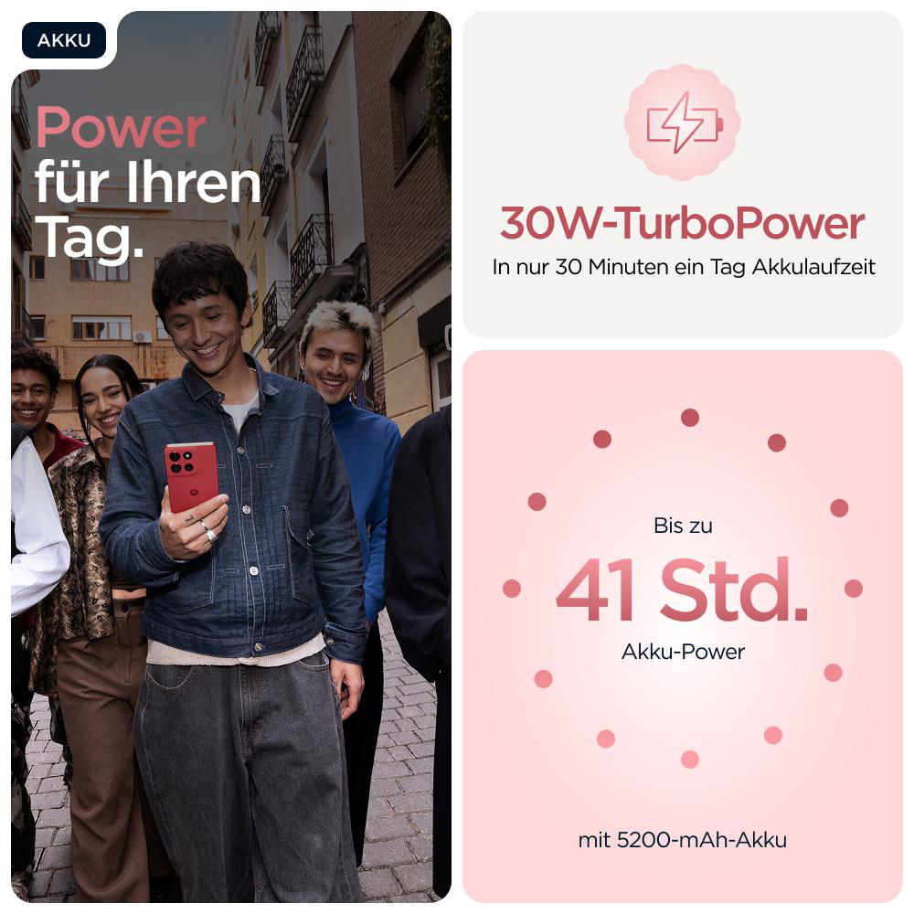 Menschen schauen auf ein rotes Telefon. Grafiken zeigen 30W TurboPower und bis zu 41 Stunden Akkulaufzeit.