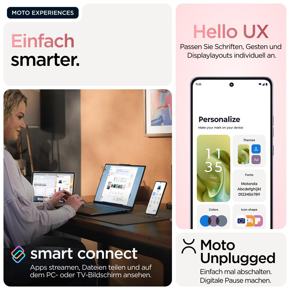 Frau benutzt Laptops, Telefon, Display mit App-Oberfläche. Text: Moto Experiences, smart connect, Hello UX, Moto Unplugged.