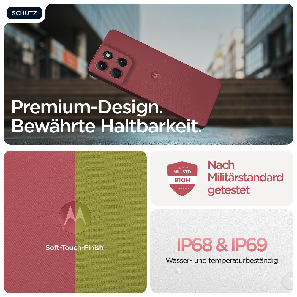 Rotes Telefon mit mehreren Kameras, Text: Premium-Design, Bewährte Haltbarkeit, IP68 & IP69, Soft-Touch-Finish, Nach Militärstandard getestet.