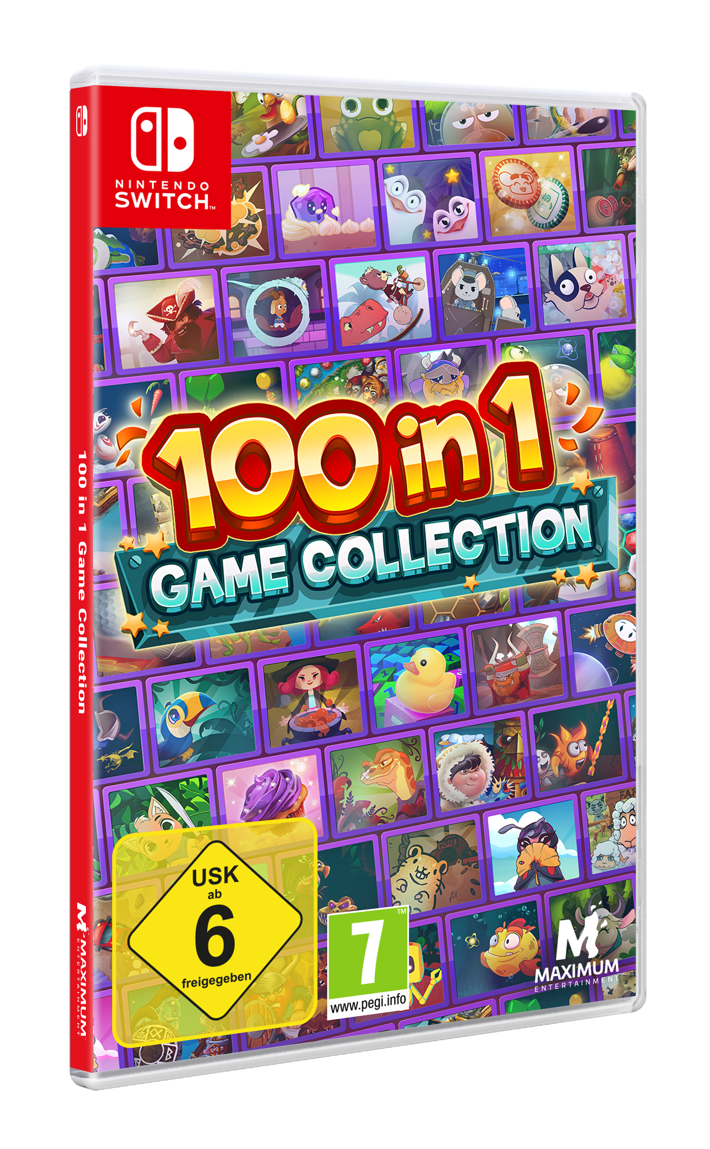 Spielbox mit dem Titel "100 in 1". Enthält mehrere Spielbilder.  Ab 6 Jahren und PEGI 7.