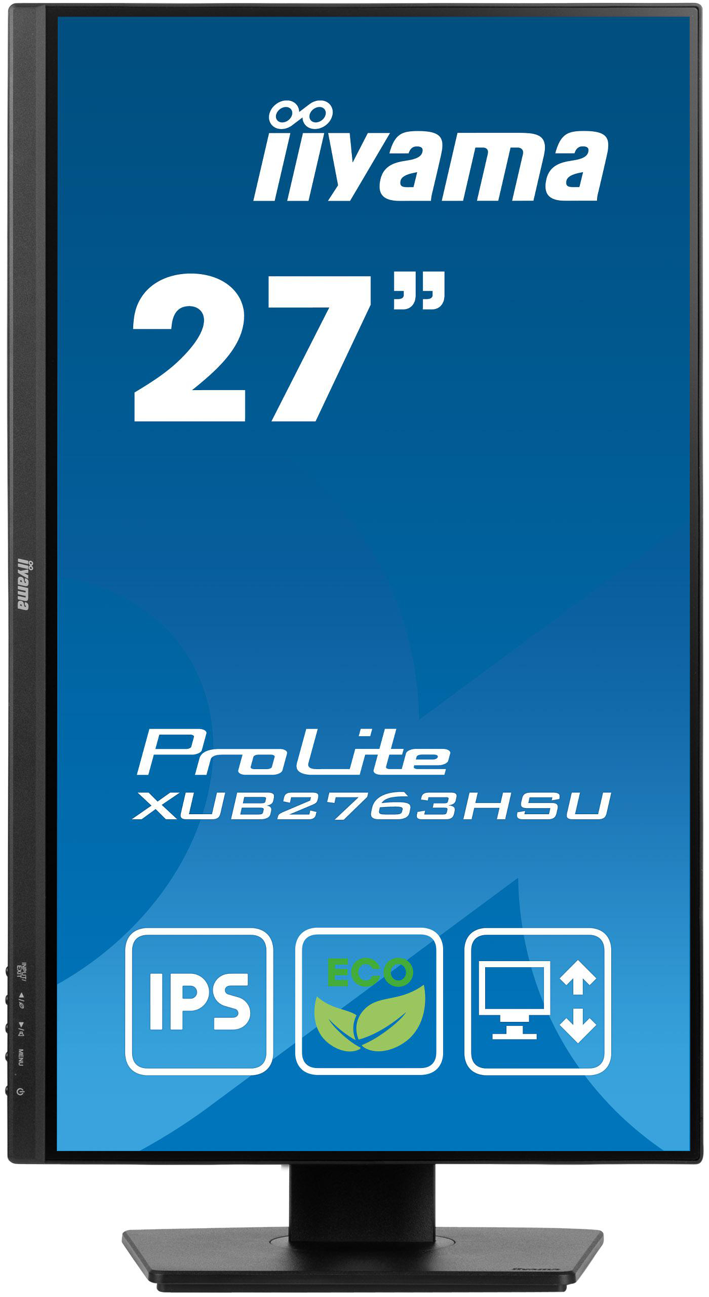 27-Zoll Iiyama ProLite Monitor. Schwarzer Rahmen, blauer Bildschirm, Text und Symbole sind sichtbar.