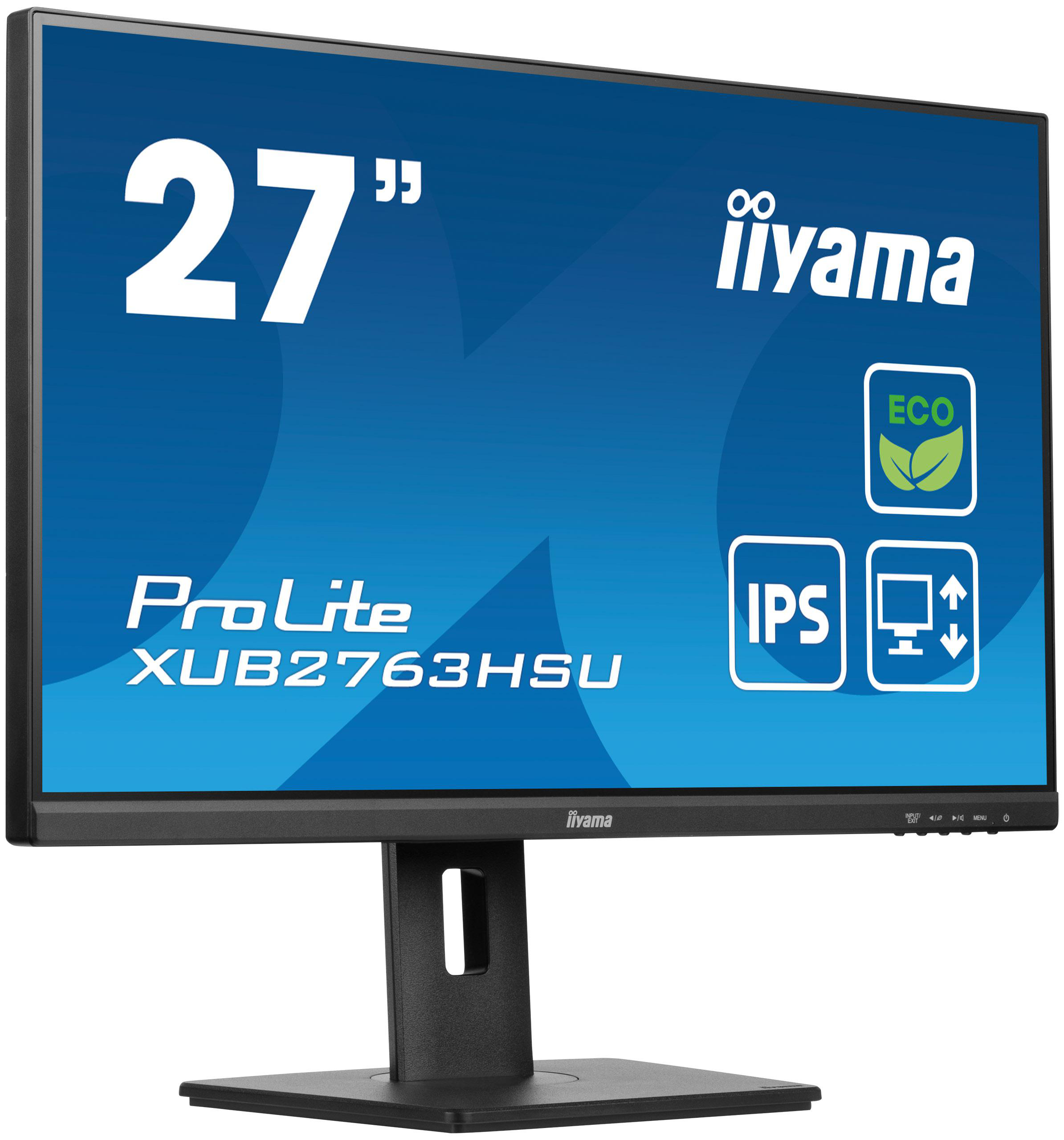 27-Zoll Iiyama ProLite Monitor. Schwarzer Rahmen, blauer Bildschirm, Text und Symbole sind sichtbar.