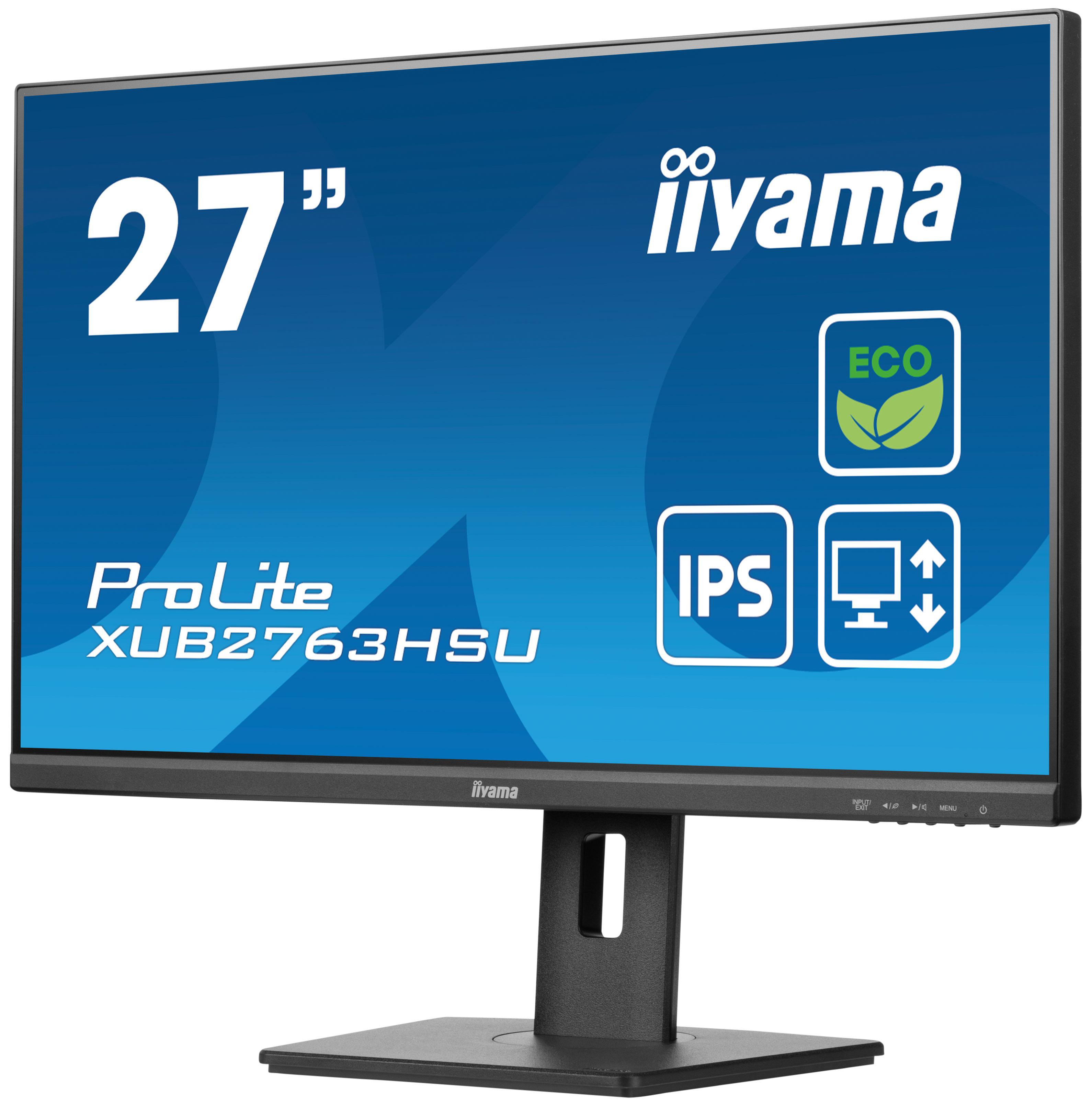 27-Zoll Iiyama ProLite Monitor. Schwarzer Rahmen, blauer Bildschirm, Text und Symbole sind sichtbar.