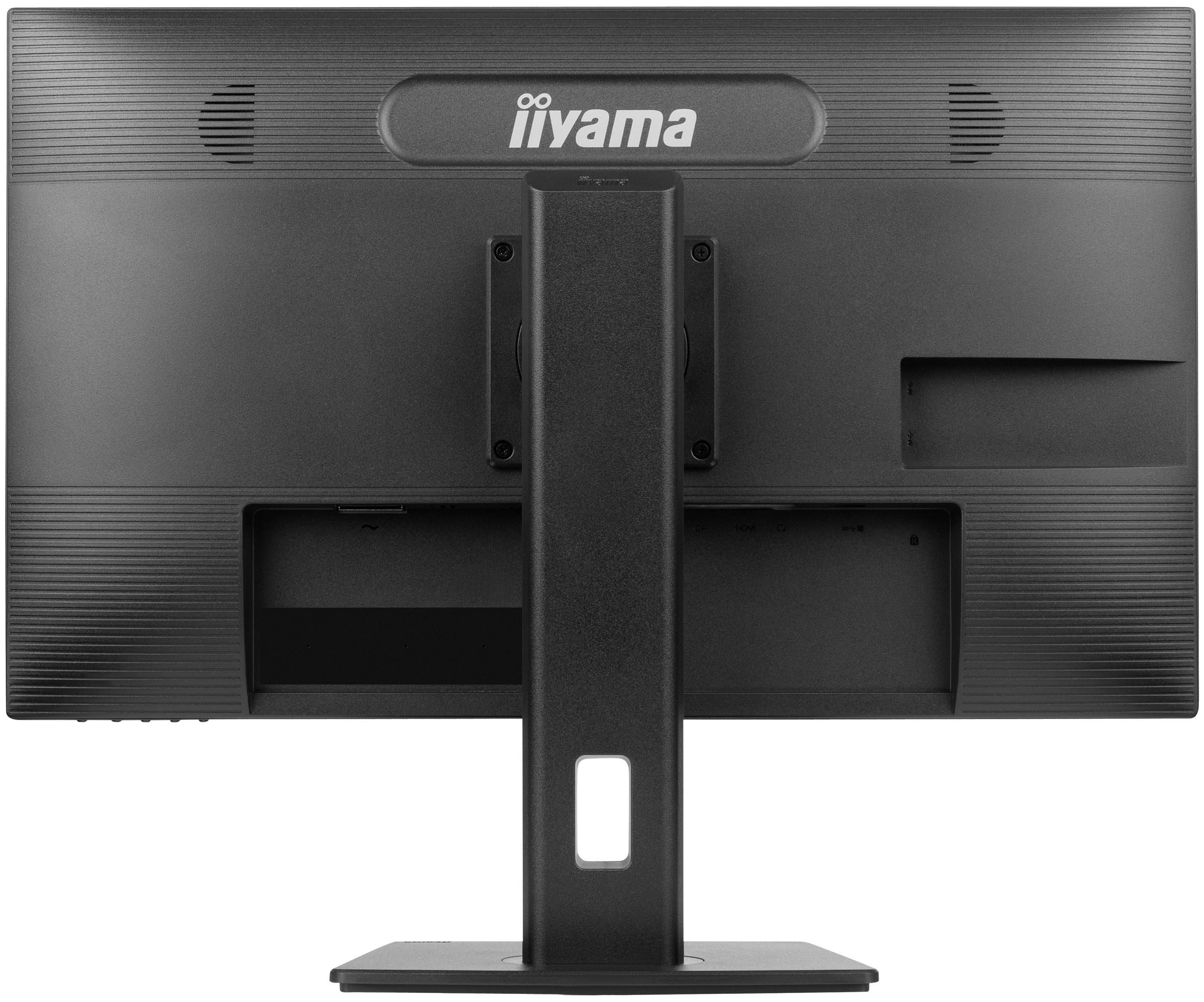 Rückansicht eines schwarzen Iiyama-Monitors. Ständer und Lüftungsgitter sind sichtbar, mit Iiyama-Logo.