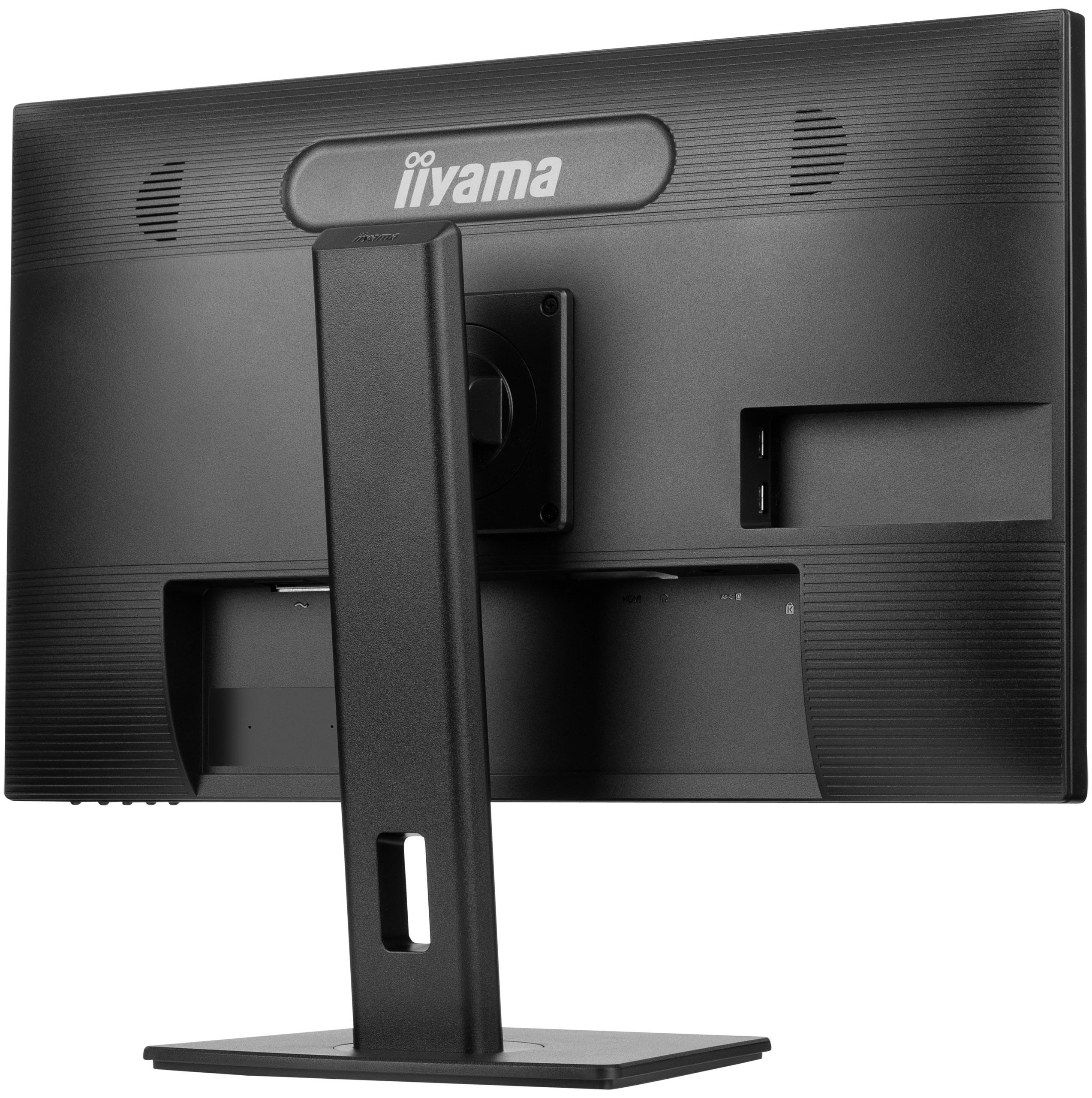 Rückansicht eines schwarzen Iiyama-Monitors. Ständer und Lüftungsgitter sind sichtbar, mit Iiyama-Logo.