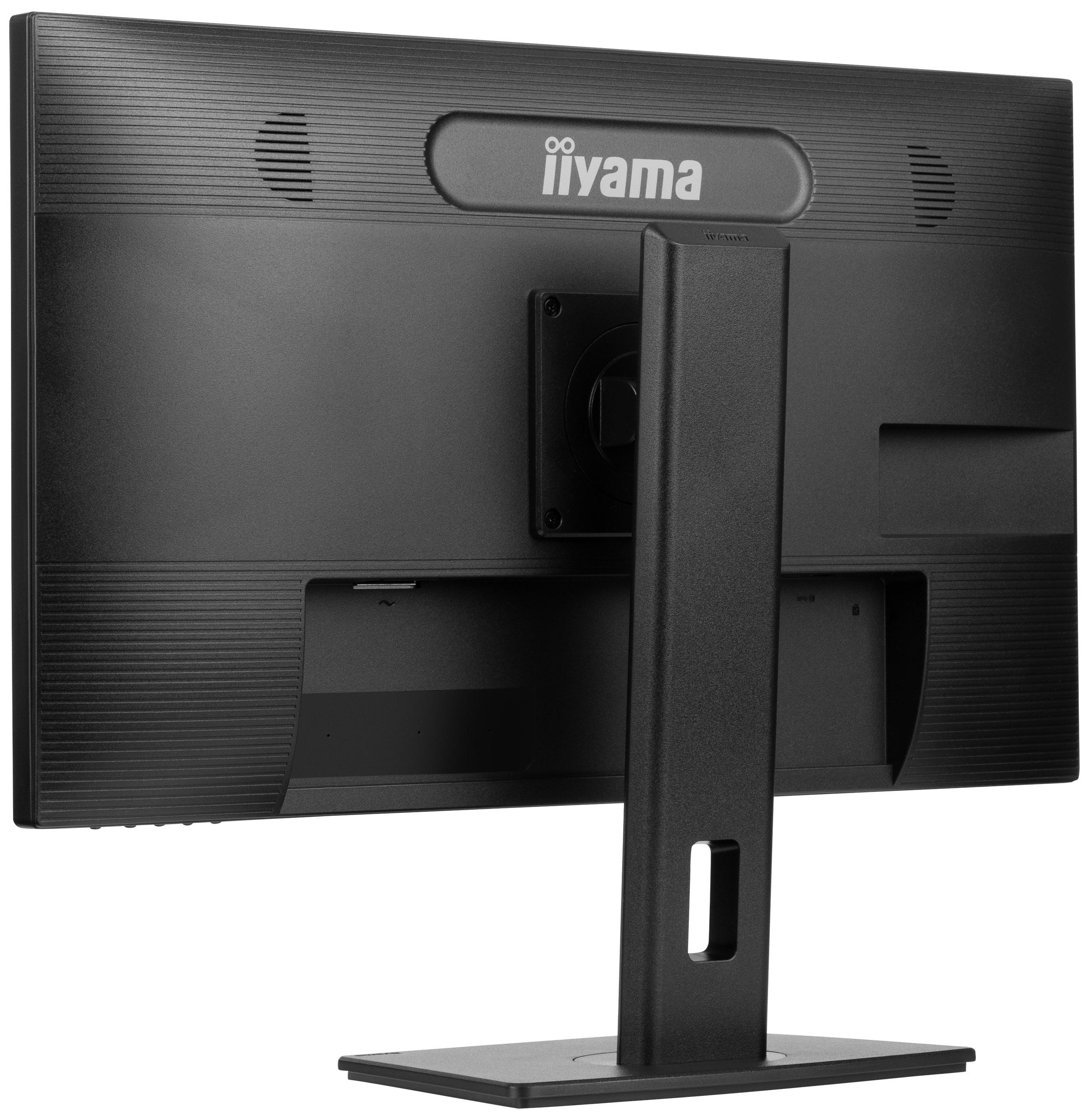 Rückansicht eines schwarzen Iiyama-Monitors. Ständer und Lüftungsgitter sind sichtbar, mit Iiyama-Logo.