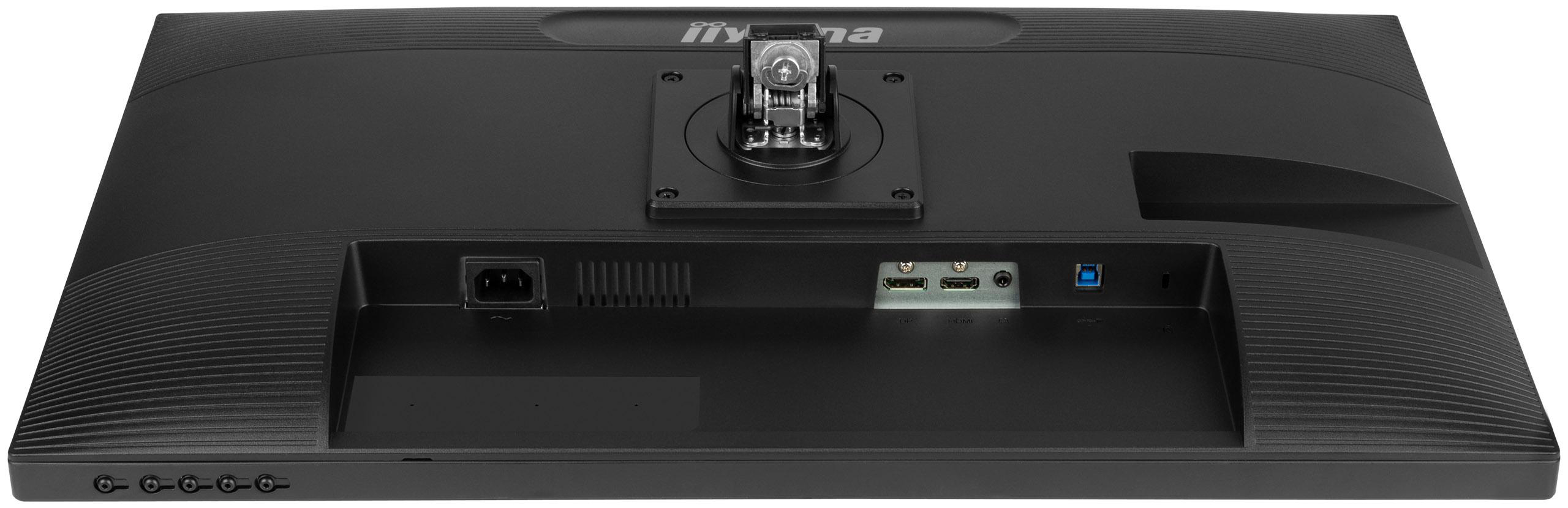 Rückseite eines schwarzen Computermonitors mit Anschlüssen und Halterung.