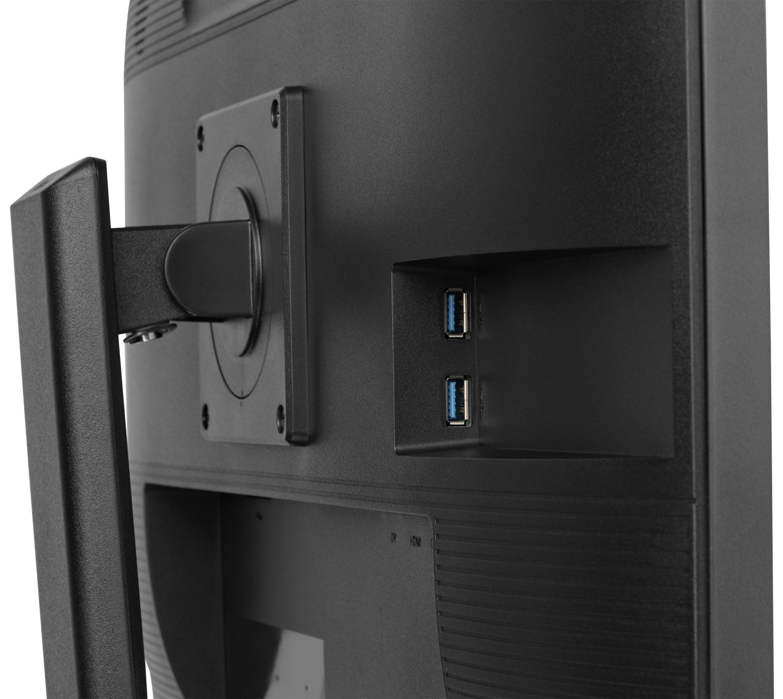 Nahaufnahme der Rückseite eines schwarzen Monitors mit USB-Anschlüssen und Halterung.