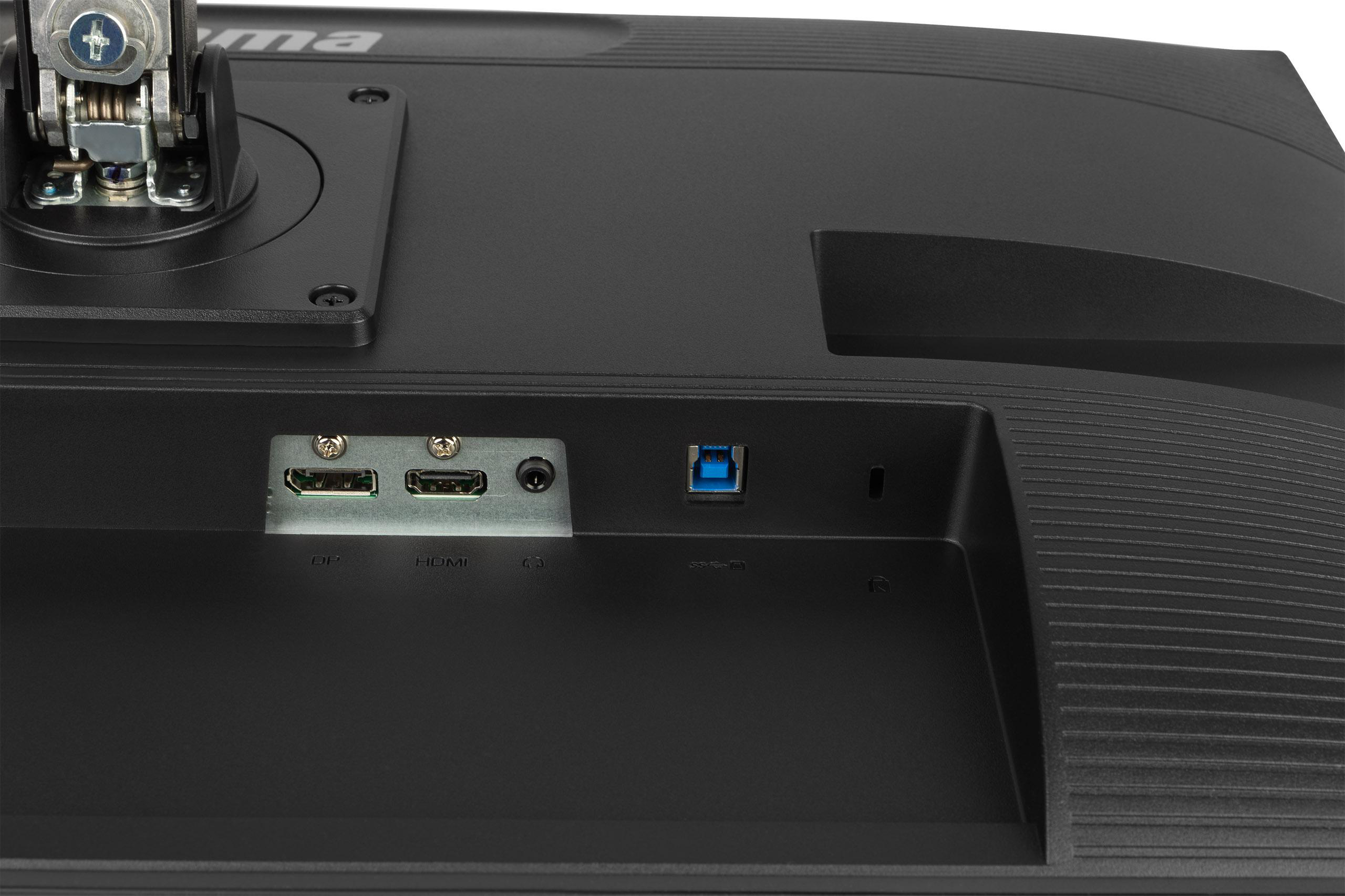 Rückansicht eines schwarzen Monitors mit Anschlüssen für Strom, HDMI und USB.