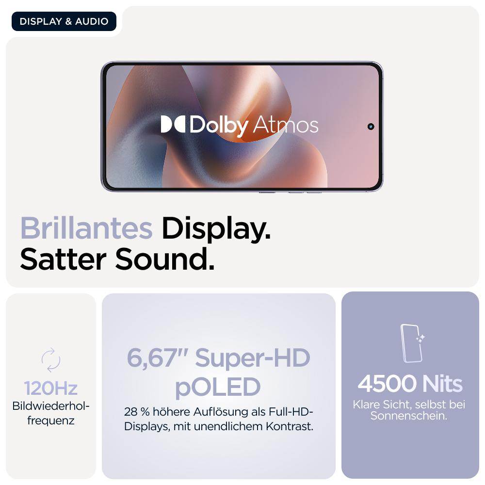 Ein Telefonbildschirm mit Dolby Atmos Logo und Daten zum Display.