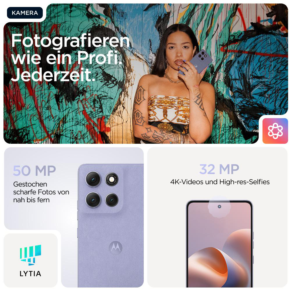 Eine Frau hält ein lila Telefon mit Kameradetails und einem Telefonbild.