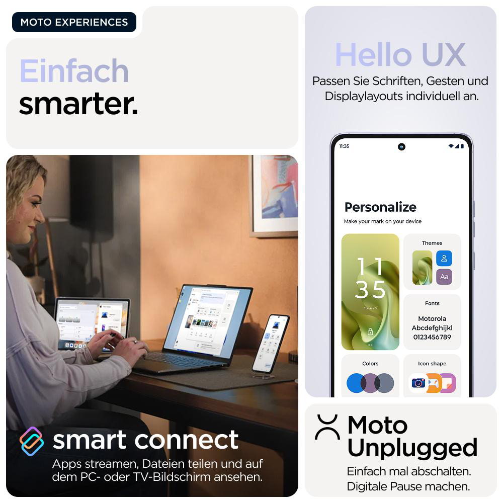 Eine Frau mit Laptops und einem Telefon, die Smart Connect und UX-Oberfläche zeigt.