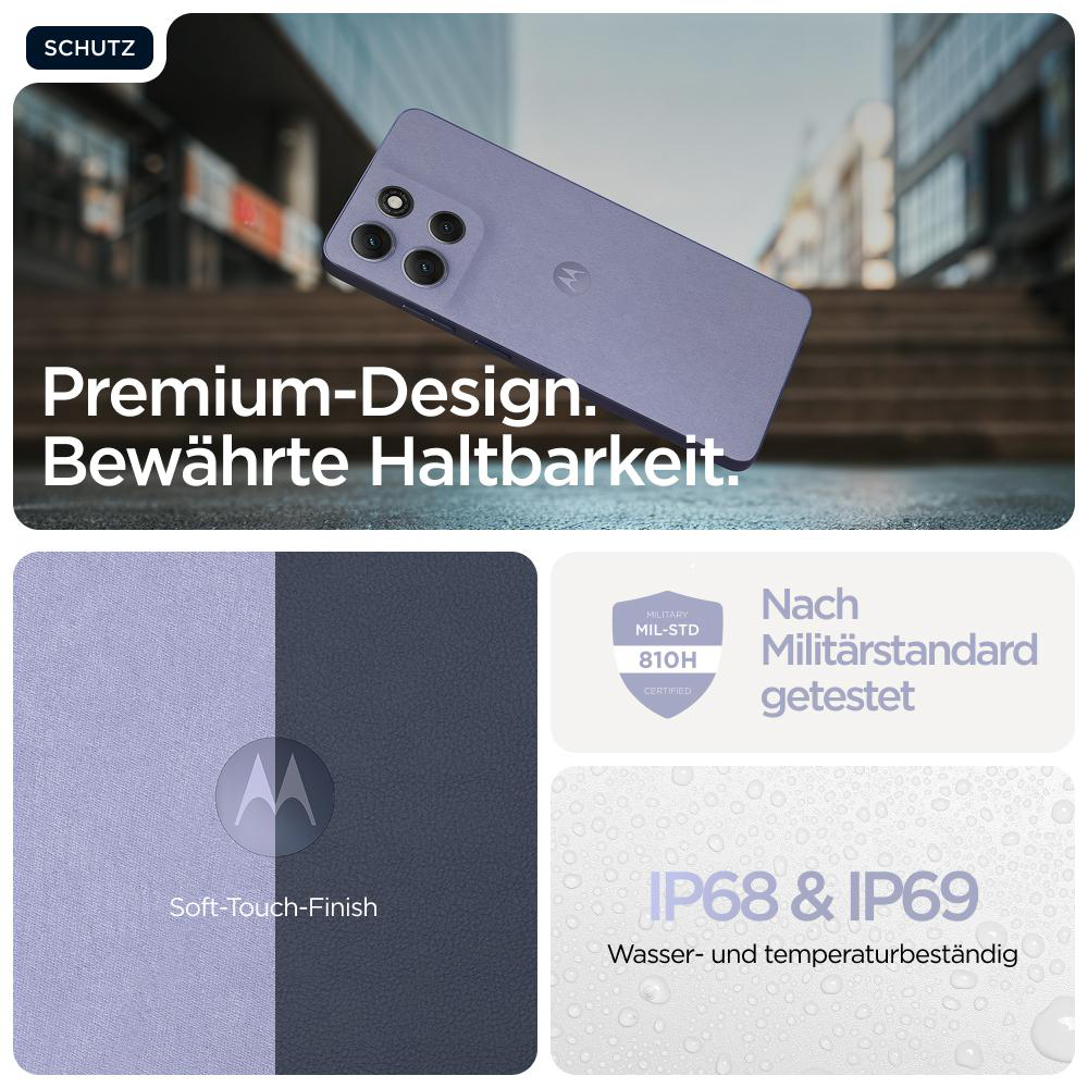 Ein lila Telefon mit Details zu Design, Haltbarkeit und Wasserbeständigkeit.