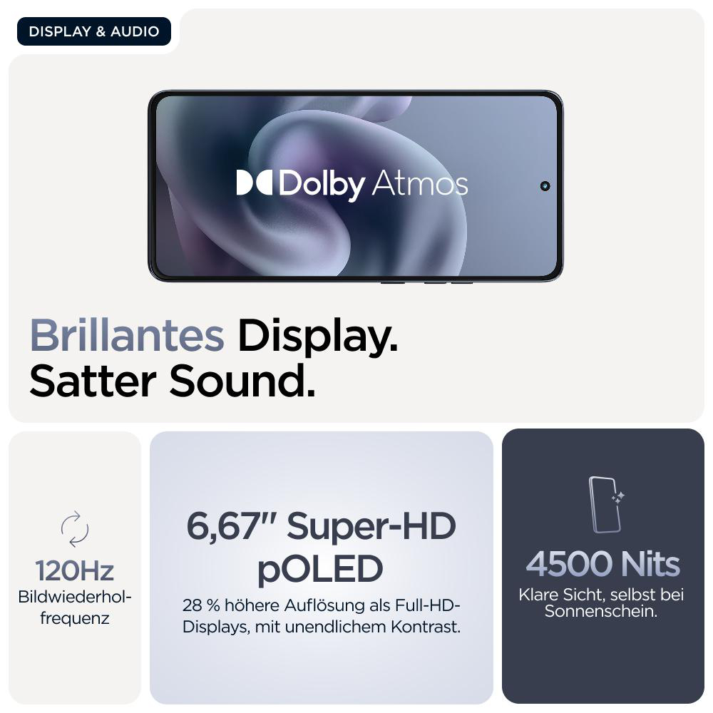 Ein Telefonbildschirm und Text, der Display-Funktionen beschreibt: 120Hz, Super-HD pOLED und 4500 Nits.