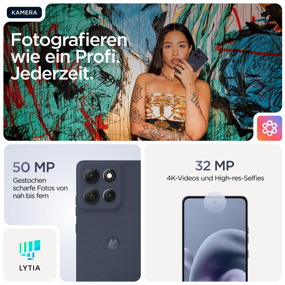 Eine Frau hält ein Telefon. Die Grafik zeigt eine Telefonkamera mit 50 MP, 32 MP und Lyita-Funktionen.