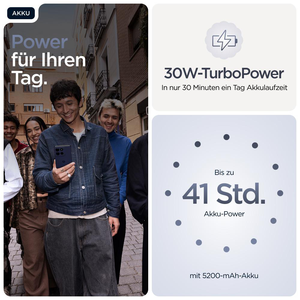 Menschen lächeln und halten ein Telefon. Die Grafik zeigt 30W TurboPower und bis zu 41 Stunden Akku.