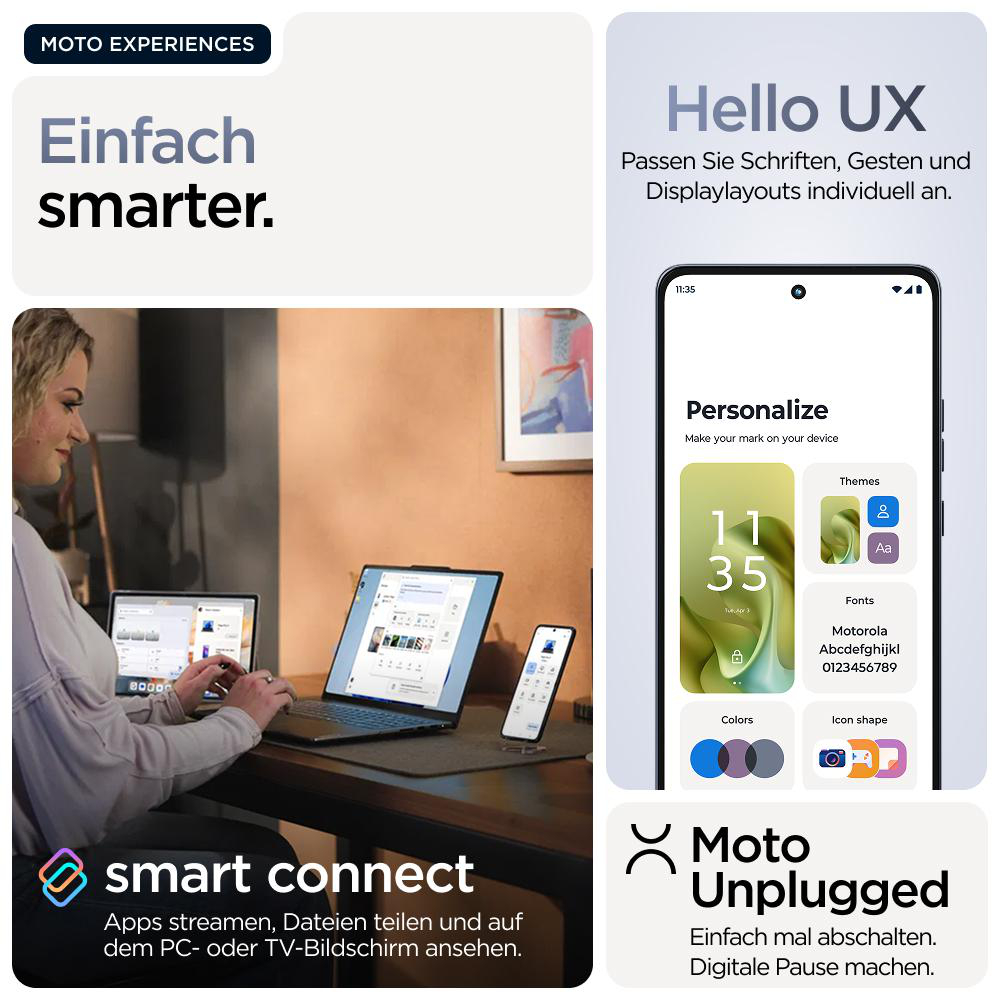 Eine Frau benutzt einen Laptop. Die Grafik zeigt Smart Connect- und Moto Unplugged-Funktionen.