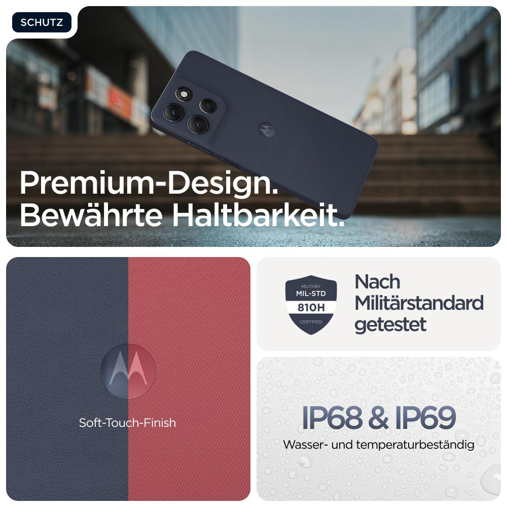 Ein Telefon, und Grafik zeigt eine Soft-Touch-Oberfläche und IP68 & IP69 Wasser- und Temperaturbeständigkeit.