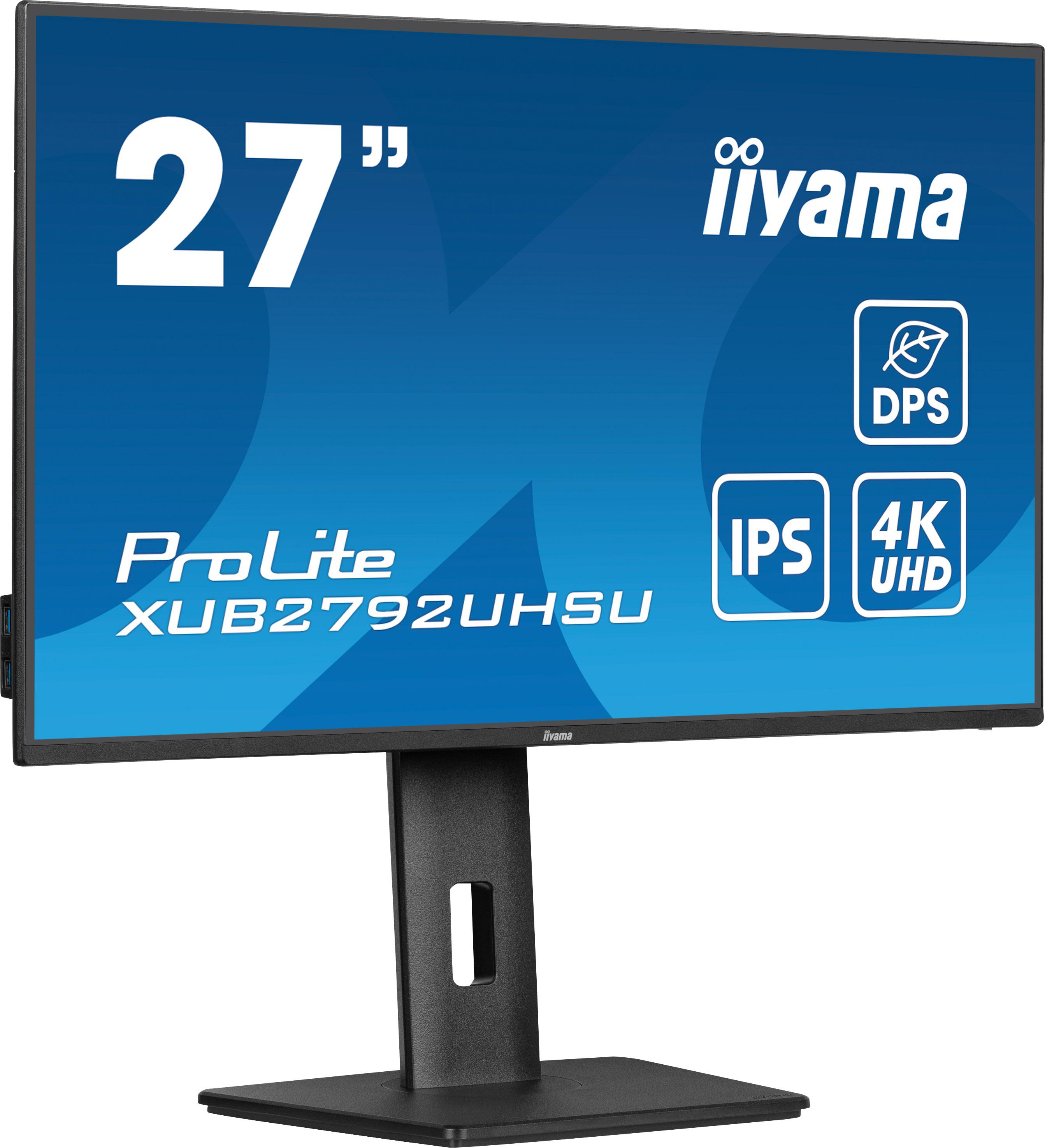 Schwarzer Computermonitor, 27 Zoll, mit Ständer, Marke iiyama, Modell XUB2792UHSU.