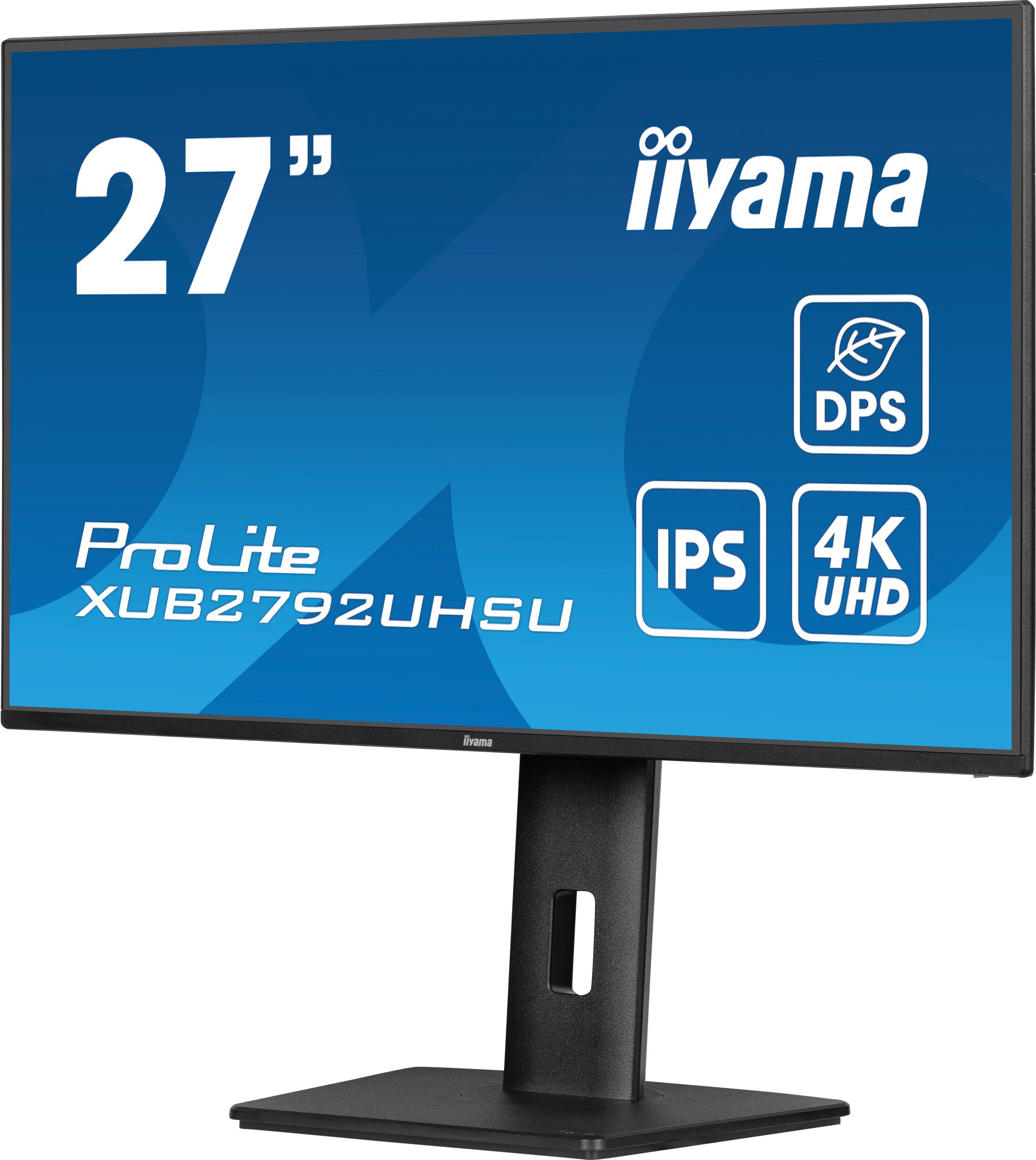 Schwarzer Computermonitor, 27 Zoll, mit Ständer, Marke iiyama, Modell XUB2792UHSU.