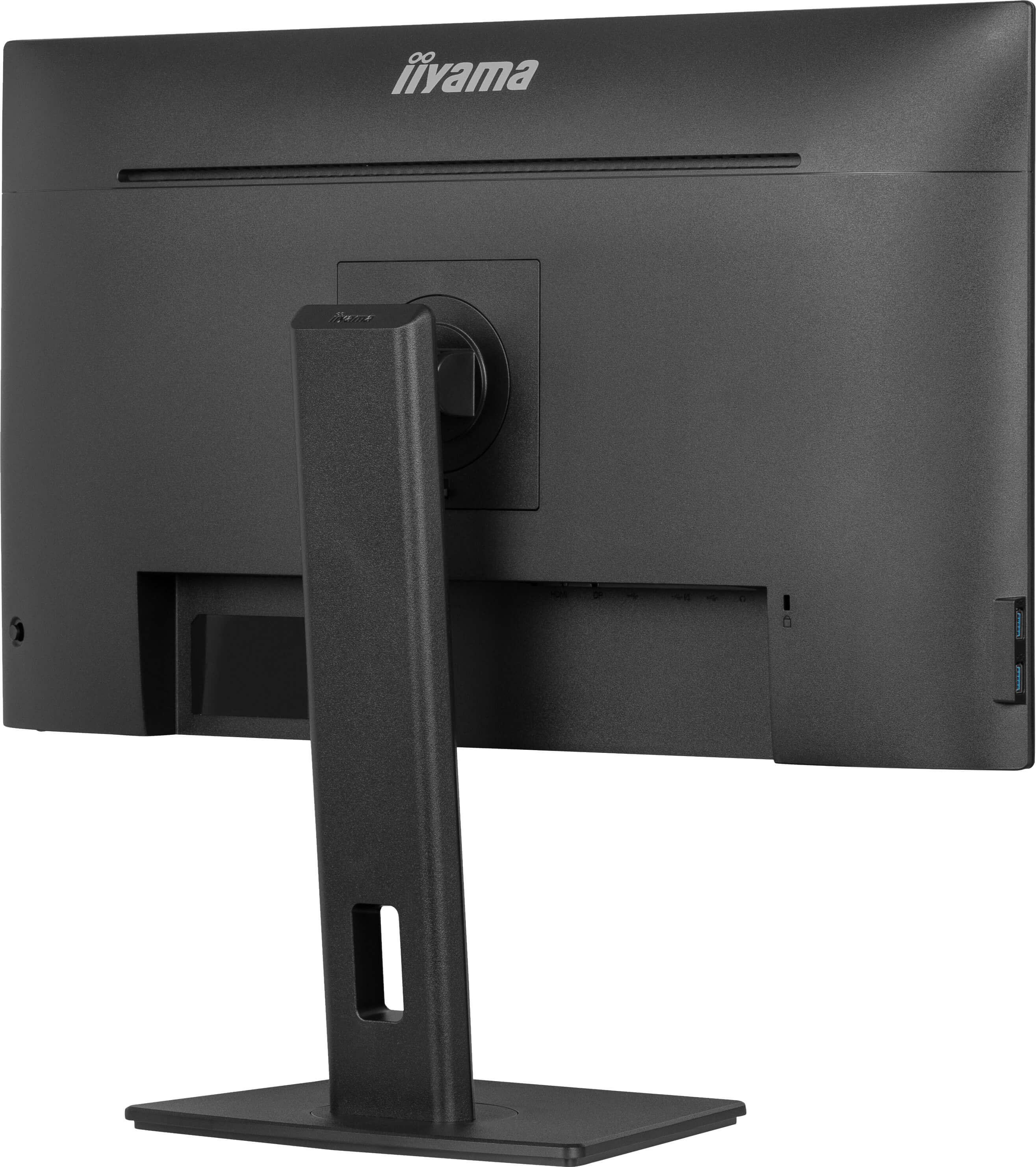 Nahaufnahme der Rückseite eines Monitors, mit zwei USB-Anschlüssen und dem Seitenteil.