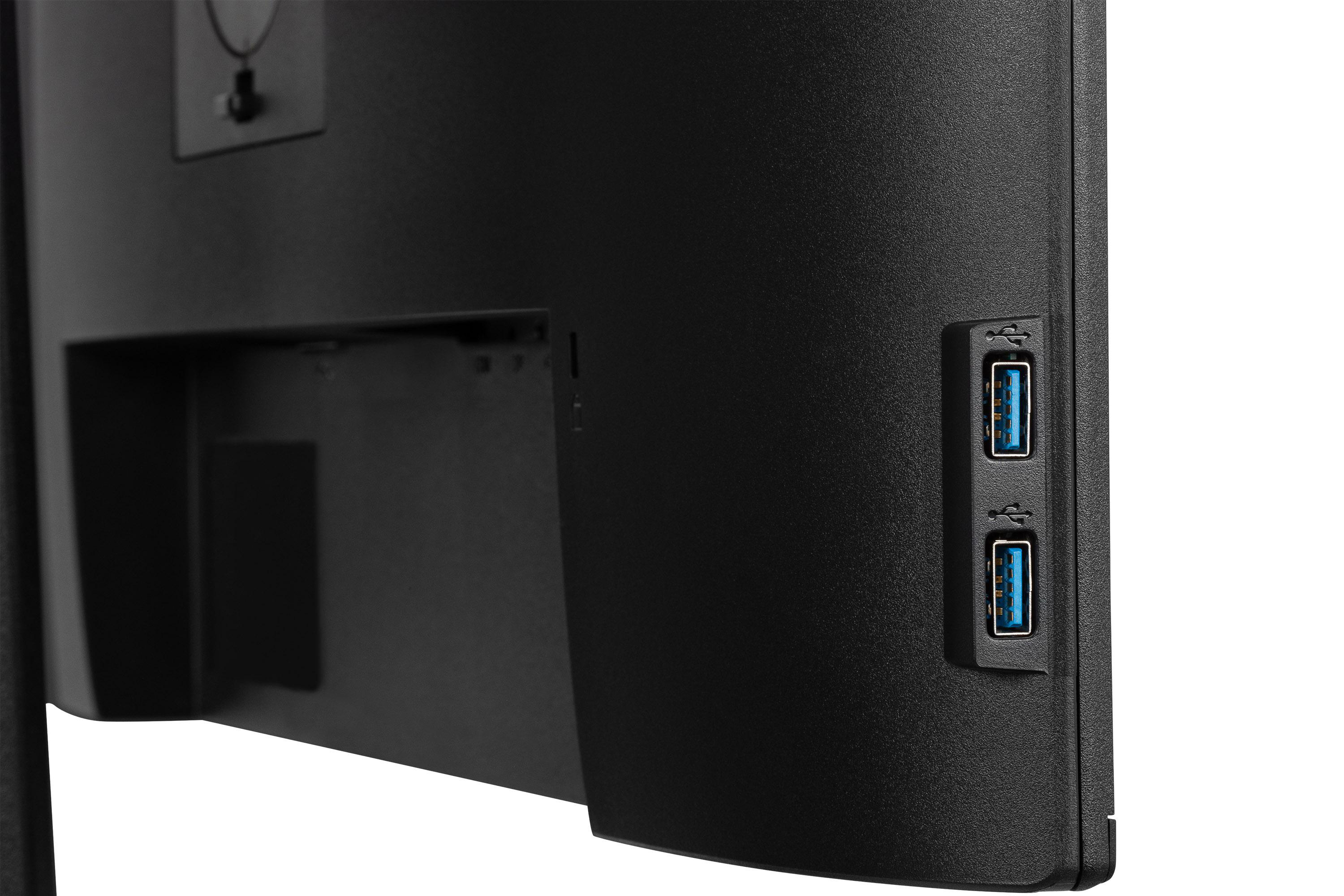 Kabel für einen Computermonitor: Strom, USB, HDMI und DisplayPort, darunter beschriftet.