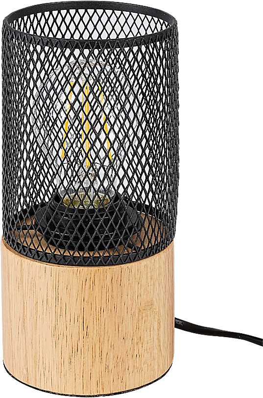 Asztali lámpa fekete fémhálós árnyékolóval és fa talppal, izzóval megvilágítva.