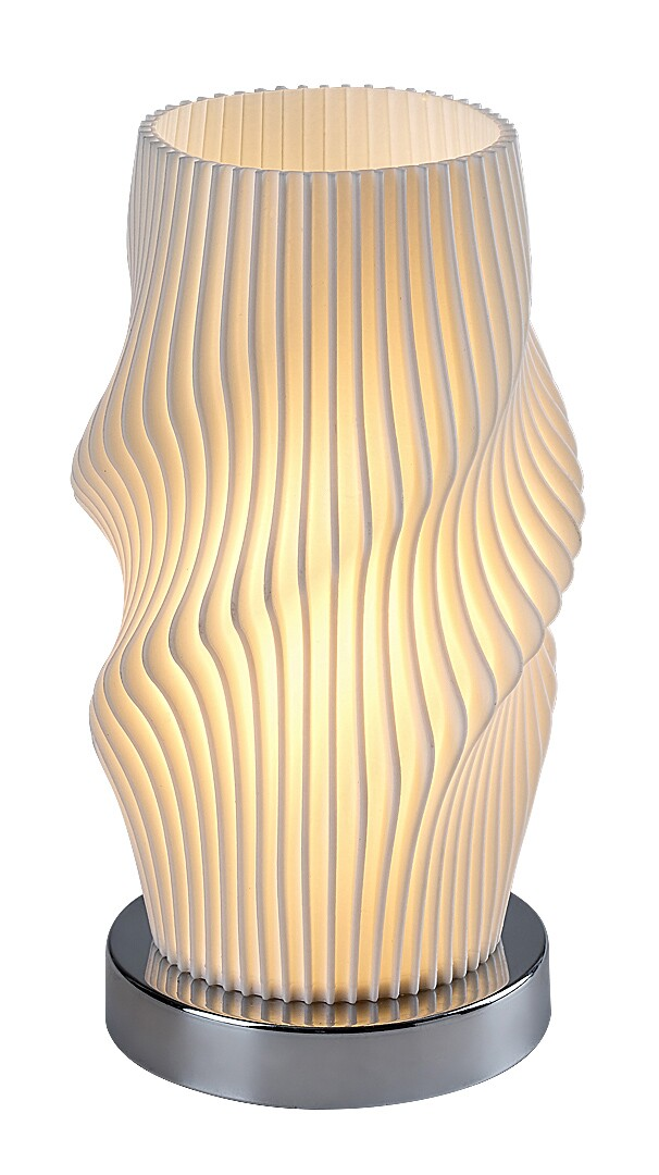 A lámpa világít, látható a hullámos, bordázott design. Króm alapon, fehér háttérben.