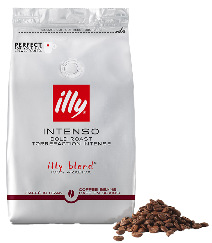 Illy Intenso Kaffeepackung mit Bohnen. Text: Intenso, Bold Roast, 100% Arabica.